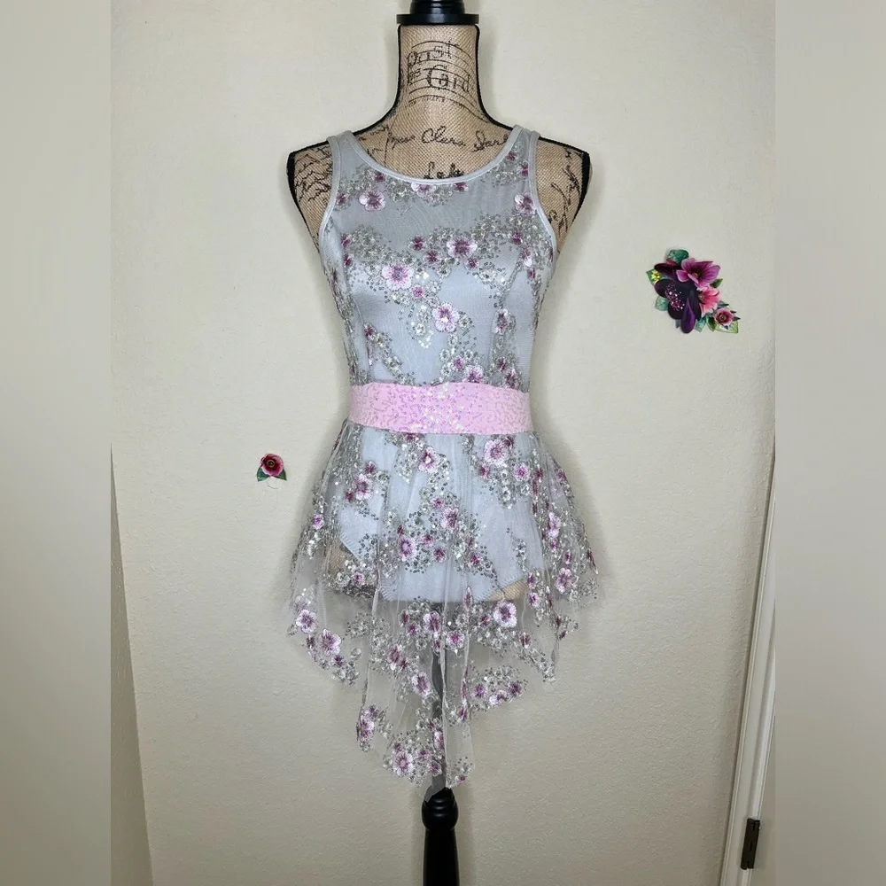 Curtain Call Silver/Gray with Floral Embroidery with Sheer Overskirt Sz Child L